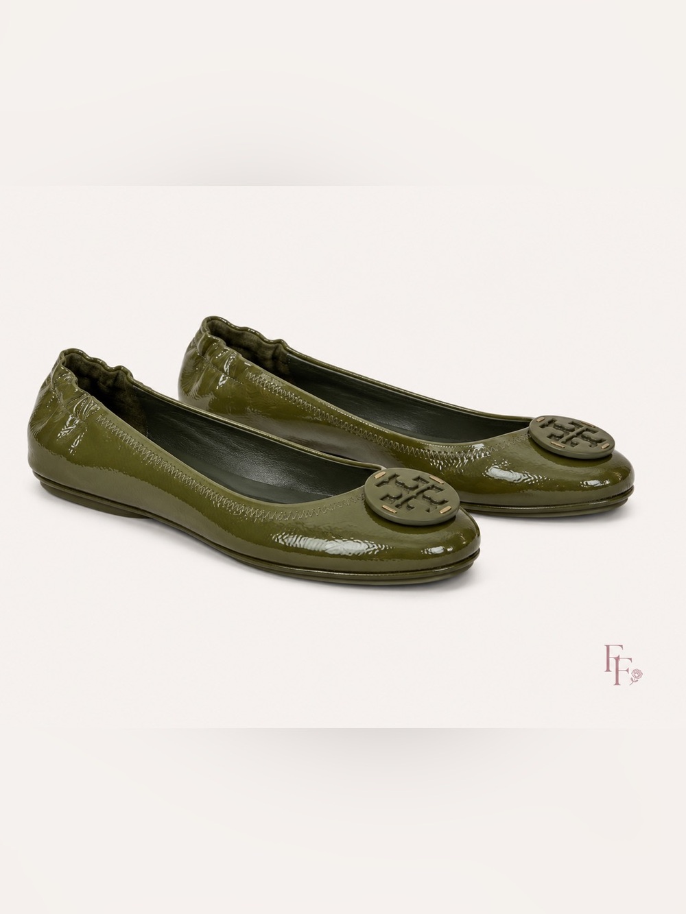 Tory Burch Minnie Travel Ballet‎ Flats Leccio Green Patent Leather Size 7 NWOB